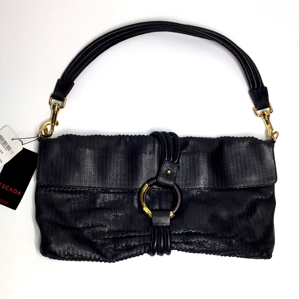 NWT ESCADA Black Leather Handbag Wood and Gold fastener